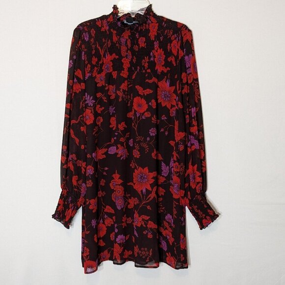 SANCTUARY Red/Black Lined Chiffon Long Sleeve Smocked Straight Dress; Size XS - Picture 1 of 5